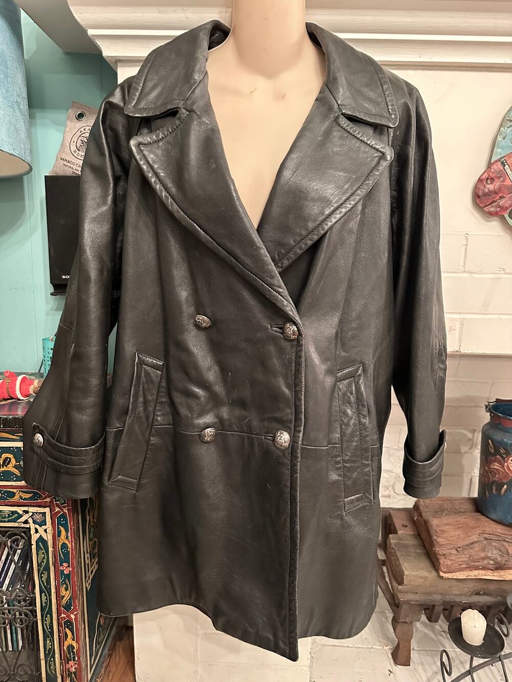 VINTAGE 80's VAKKO BLACK LEATHER DOUBLE BREASTED PEACOAT JACKET